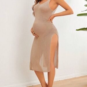 Maternity Sleeveless Tan Knit Dress with Side Slit